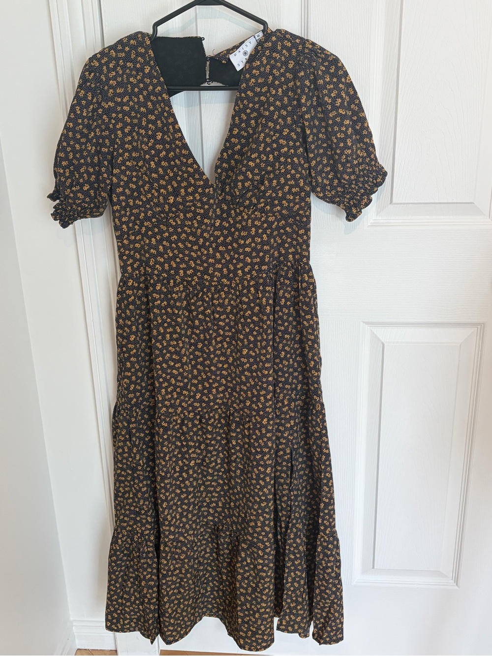 Black Midi Dress with Mustard Floral Print and Puff Sleeves